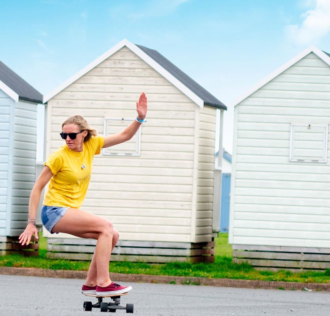 Stella Grace on a skate board